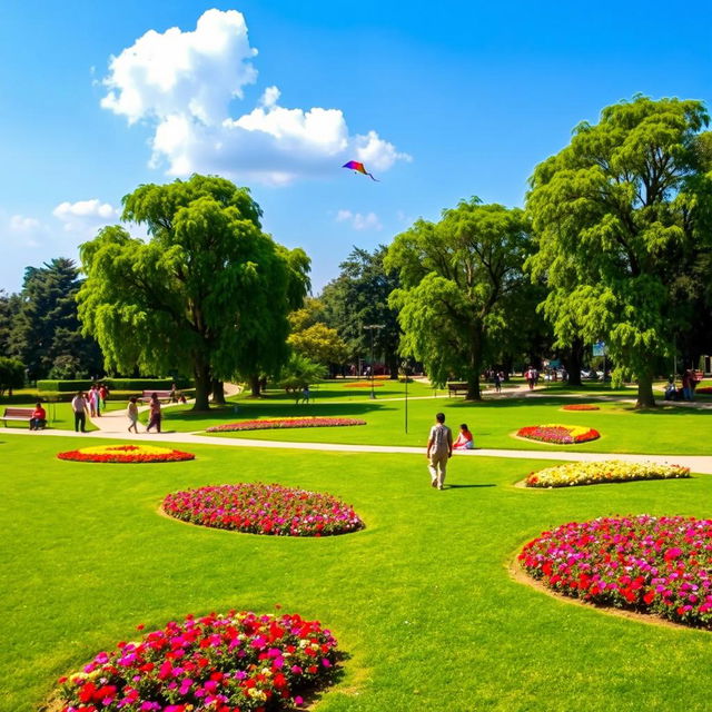 A serene park scene in Anand, India, featuring lush green lawns, tall vibrant trees, and colorful flower beds in full bloom