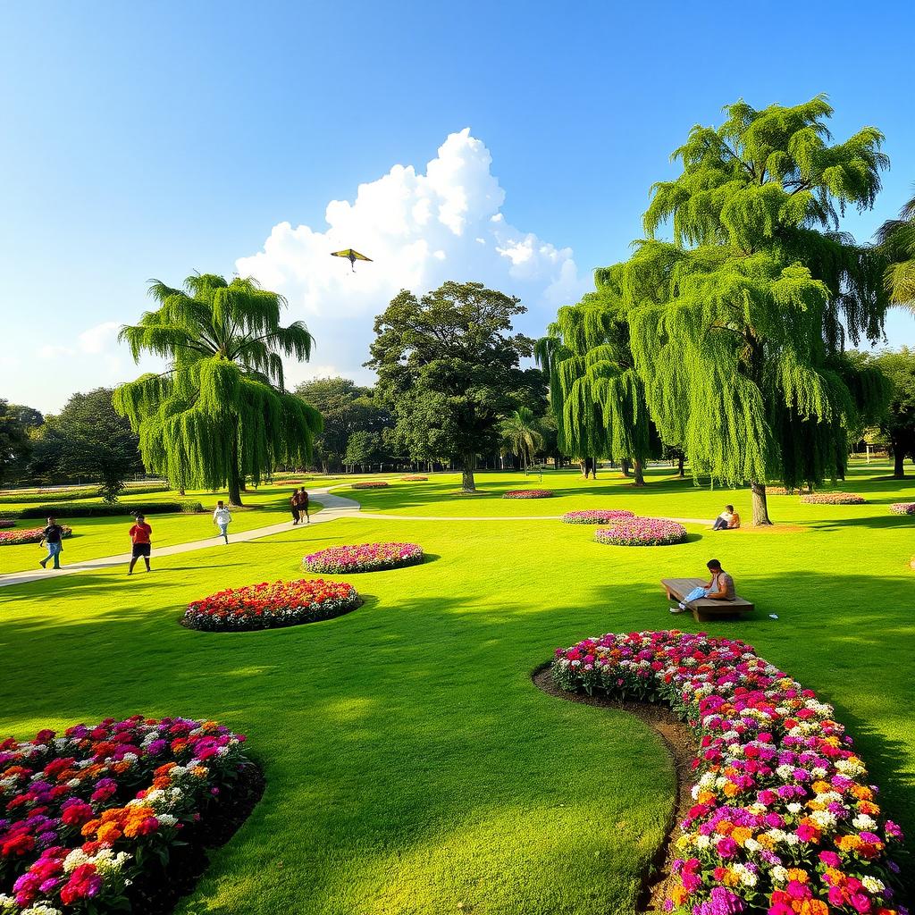 A serene park scene in Anand, India, featuring lush green lawns, tall vibrant trees, and colorful flower beds in full bloom