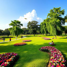 A serene park scene in Anand, India, featuring lush green lawns, tall vibrant trees, and colorful flower beds in full bloom