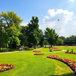A serene park scene in Anand, India, featuring lush green lawns, tall vibrant trees, and colorful flower beds in full bloom