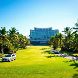 A beautiful tropical golf course surrounded by lush greenery and palm trees