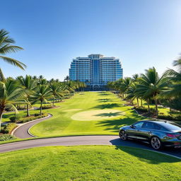 A beautiful tropical golf course surrounded by lush greenery and palm trees