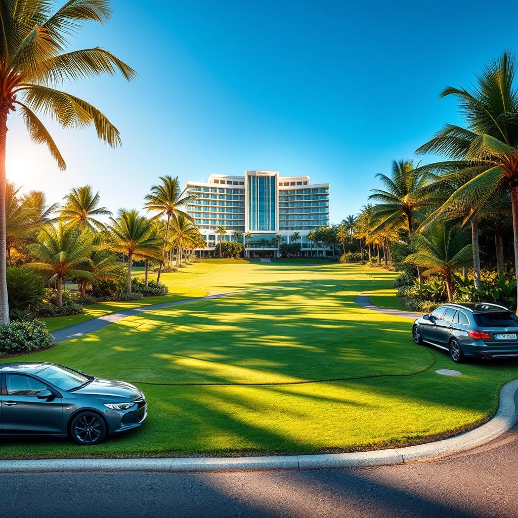 A beautiful tropical golf course surrounded by lush greenery and palm trees