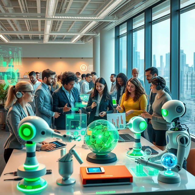 A dynamic and futuristic workplace showcasing people collaborating with advanced AI technology