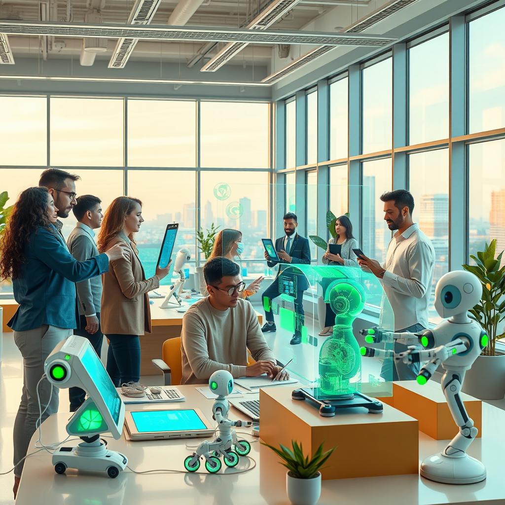 A dynamic and futuristic workplace showcasing people collaborating with advanced AI technology