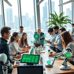 A dynamic and futuristic workplace showcasing people collaborating with advanced AI technology