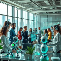 A dynamic and futuristic workplace showcasing people collaborating with advanced AI technology