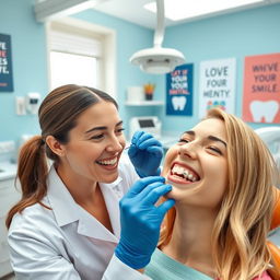 A vibrant, cheerful dental office with a friendly dentist gently removing braces from a smiling patient