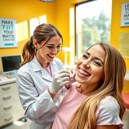 A vibrant, cheerful dental office with a friendly dentist gently removing braces from a smiling patient