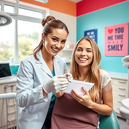 A vibrant, cheerful dental office with a friendly dentist gently removing braces from a smiling patient