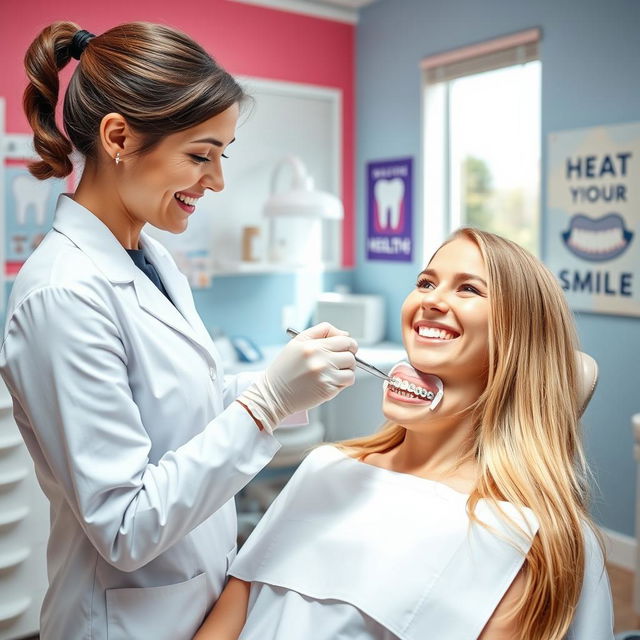 A vibrant, cheerful dental office with a friendly dentist gently removing braces from a smiling patient