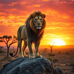 A majestic lion standing proudly on a rocky outcrop during golden hour, its mane flowing in the gentle breeze