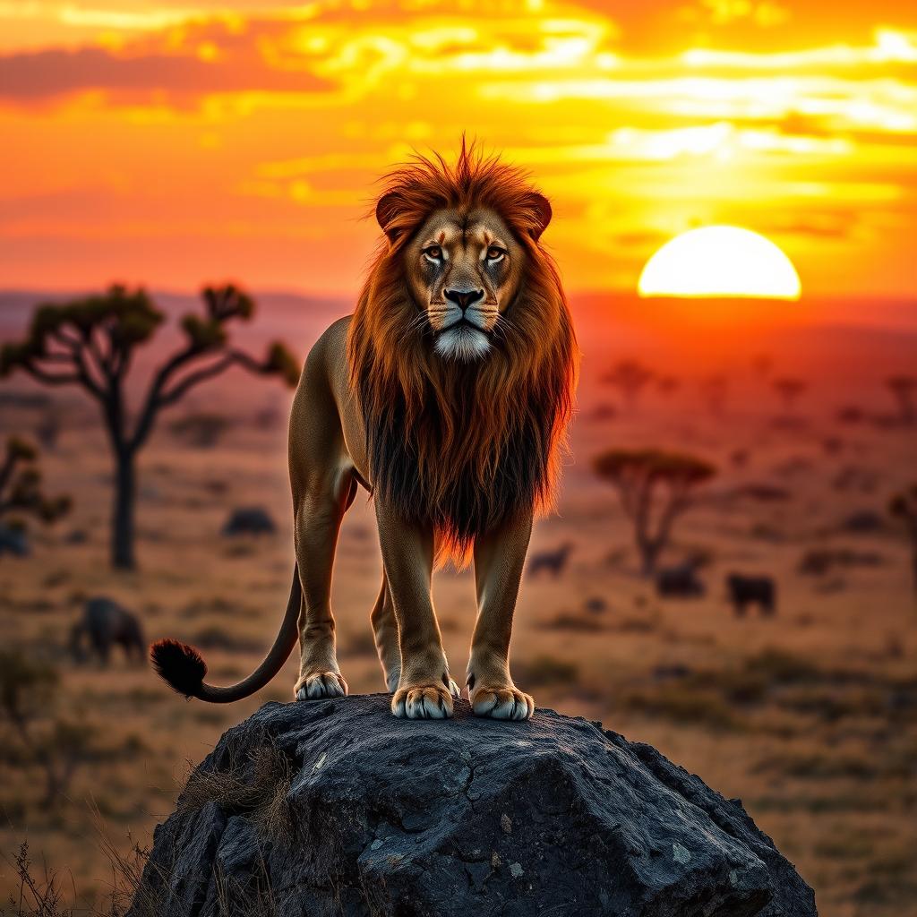 A majestic lion standing proudly on a rocky outcrop during golden hour, its mane flowing in the gentle breeze