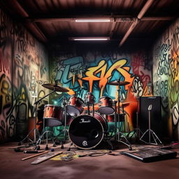 Create a cool rock band practicing in a grungy garage with drums, electric guitars, and a cool graffiti backdrop.