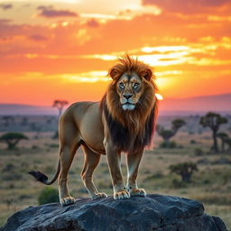 A majestic lion standing proudly on a rocky outcrop during golden hour, its mane flowing in the gentle breeze