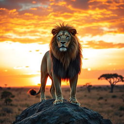 A majestic lion standing proudly on a rocky outcrop during golden hour, its mane flowing in the gentle breeze