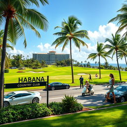 A tropical golf course scene featuring a beautiful, verdant landscape