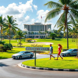A tropical golf course scene featuring a beautiful, verdant landscape