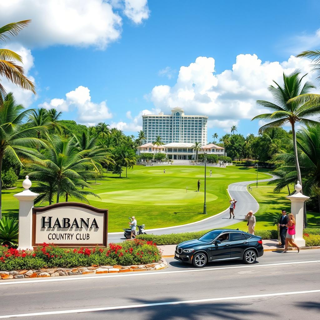 A tropical golf course scene featuring a beautiful, verdant landscape