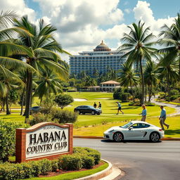 A tropical golf course scene featuring a beautiful, verdant landscape
