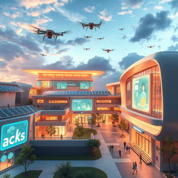 A futuristic school environment featuring modern buildings with sleek, cutting-edge architecture