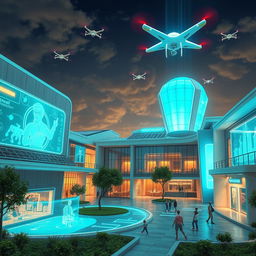 A futuristic school environment featuring modern buildings with sleek, cutting-edge architecture