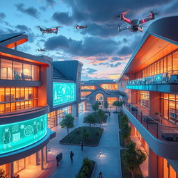 A futuristic school environment featuring modern buildings with sleek, cutting-edge architecture