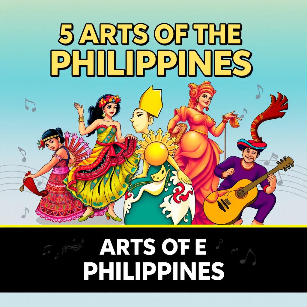 A vibrant and colorful poster showcasing the five different arts of the Philippines: 1