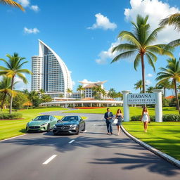 A vibrant tropical golf course, surrounded by a smooth road where two modern cars are passing by