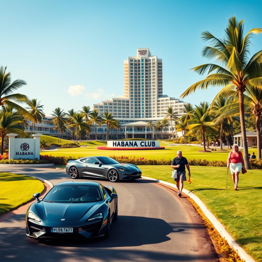 A vibrant tropical golf course, surrounded by a smooth road where two modern cars are passing by