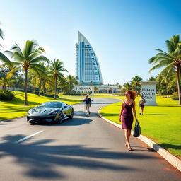 A vibrant tropical golf course, surrounded by a smooth road where two modern cars are passing by
