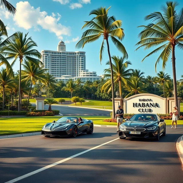 A vibrant tropical golf course, surrounded by a smooth road where two modern cars are passing by