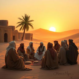 An intimate gathering in Mecca, depicting a serene atmosphere in the 7th-century Arabian setting