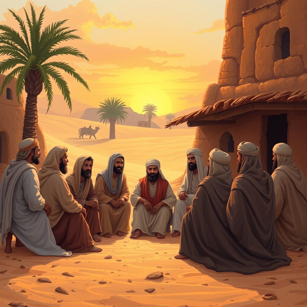 An intimate gathering in Mecca, depicting a serene atmosphere in the 7th-century Arabian setting