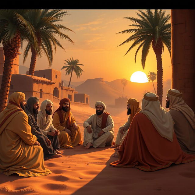 An intimate gathering in Mecca, depicting a serene atmosphere in the 7th-century Arabian setting