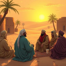 An intimate gathering in Mecca, depicting a serene atmosphere in the 7th-century Arabian setting
