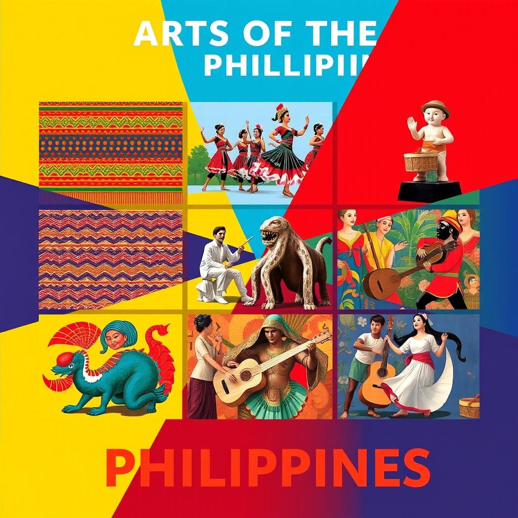 A visually striking poster that displays the five different arts of the Philippines, each section representing a unique art form: 1