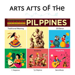 A visually striking poster that displays the five different arts of the Philippines, each section representing a unique art form: 1