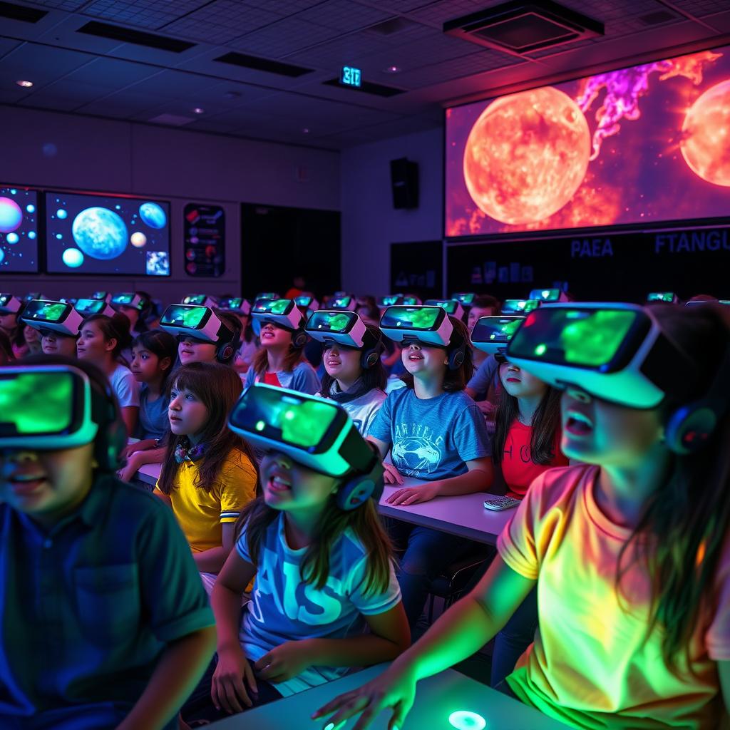 An immersive classroom environment filled with students wearing AR/VR headsets, fully engaged in interactive 3D holographic lessons