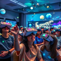 An immersive classroom environment filled with students wearing AR/VR headsets, fully engaged in interactive 3D holographic lessons