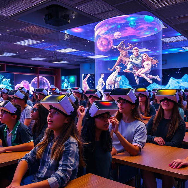 An immersive classroom environment filled with students wearing AR/VR headsets, fully engaged in interactive 3D holographic lessons