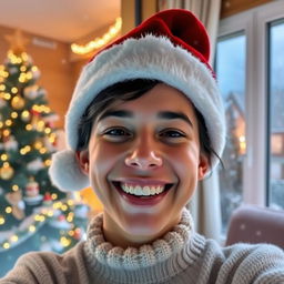 A joyful person wearing a festive Santa's hat, smiling brightly
