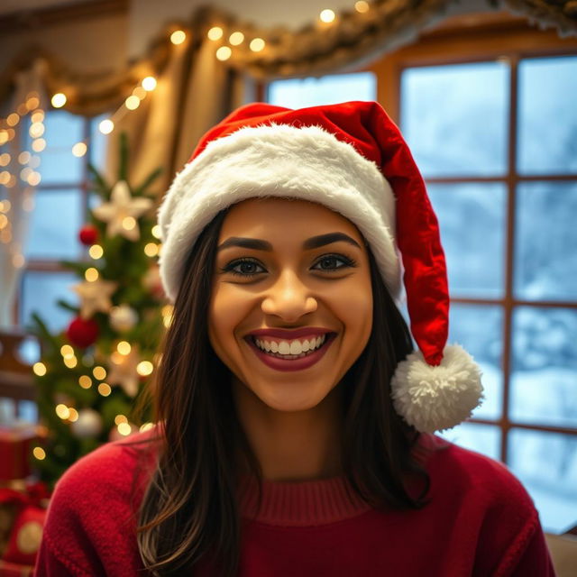 A joyful person wearing a festive Santa's hat, smiling brightly