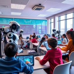 A futuristic classroom filled with advanced technology including robotic teachers actively engaging with students, AI-driven virtual assistants providing support, smartboards displaying interactive lessons, and touchless devices enabling seamless interactions
