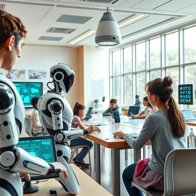 A futuristic classroom filled with advanced technology including robotic teachers actively engaging with students, AI-driven virtual assistants providing support, smartboards displaying interactive lessons, and touchless devices enabling seamless interactions