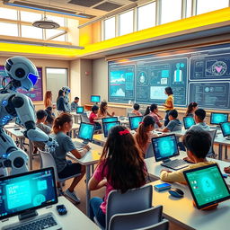 A futuristic classroom filled with advanced technology including robotic teachers actively engaging with students, AI-driven virtual assistants providing support, smartboards displaying interactive lessons, and touchless devices enabling seamless interactions