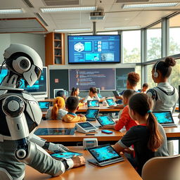 A futuristic classroom filled with advanced technology including robotic teachers actively engaging with students, AI-driven virtual assistants providing support, smartboards displaying interactive lessons, and touchless devices enabling seamless interactions