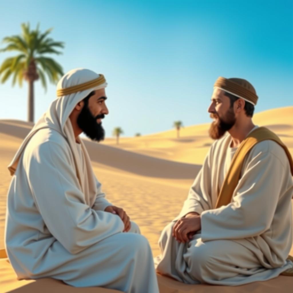 A serene and respectful depiction of Prophet Muhammad (Rasulullah) engaging in conversation with his companions (sahabat) in a peaceful desert setting