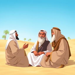 A serene and respectful depiction of Prophet Muhammad (Rasulullah) engaging in conversation with his companions (sahabat) in a peaceful desert setting