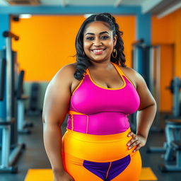 A beautiful Javanese plus-size mom confidently wearing a vibrant, form-fitting gym suit that accentuates her curves